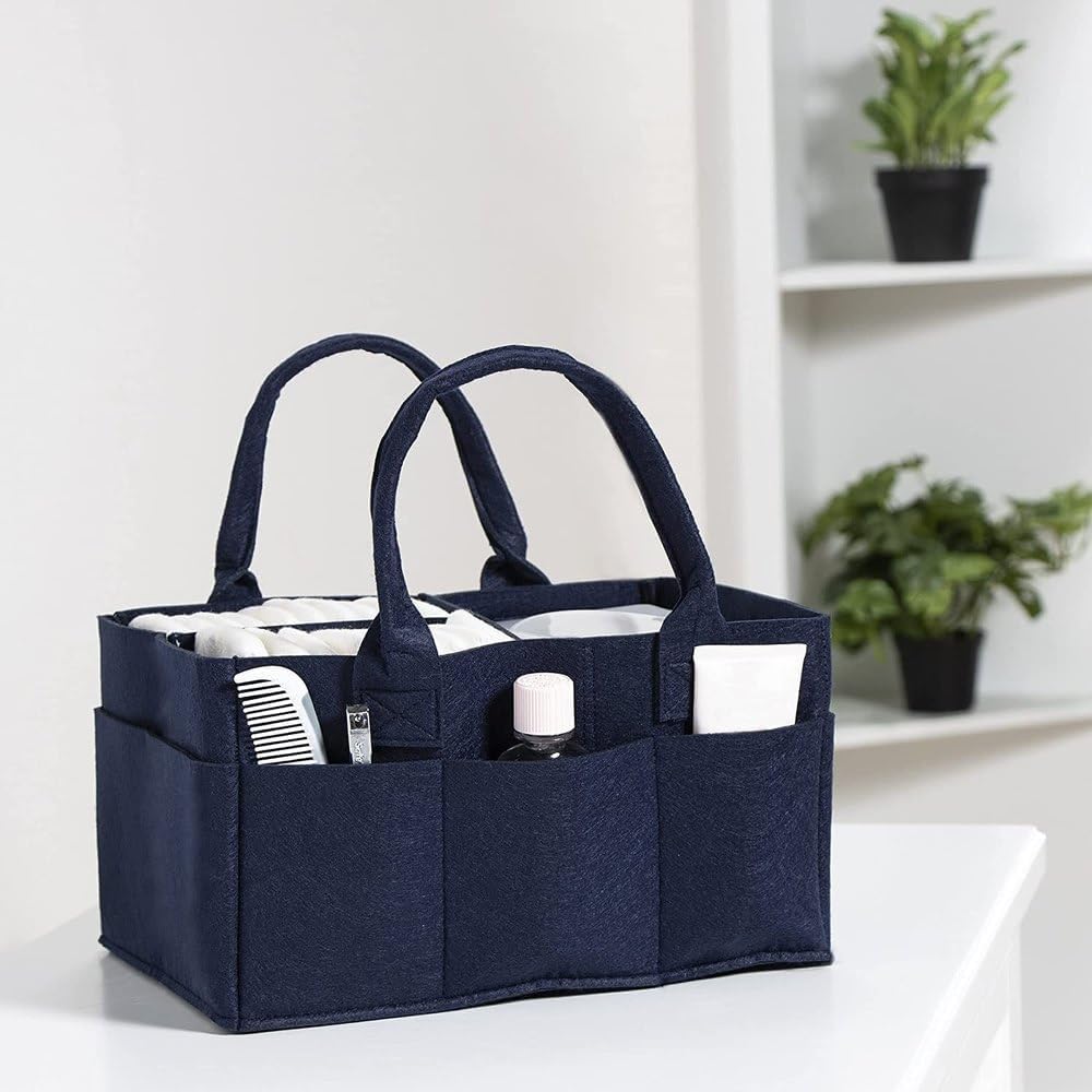 Cute Felt Diaper Caddy Organizer Bag with Lid & Removable Shoulder Strap Baby Basket Essentials for New born Baby Products Portable Storage Nursery Organizer with Compartments (Blue)