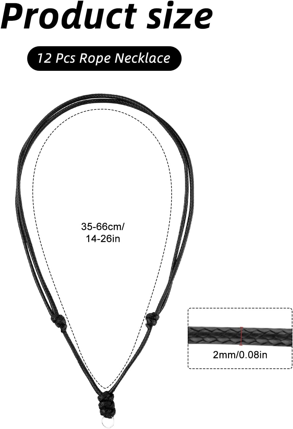 PineHaven 12 Pcs Black 2mm Adjustable Rope Necklace Cord for Men & Women, Vintage Double Knotted Choker with Metal Ring for Pendants,14-26 Inches, Jewelry Making & DIY Crafts,14-26 Inches - Image 2