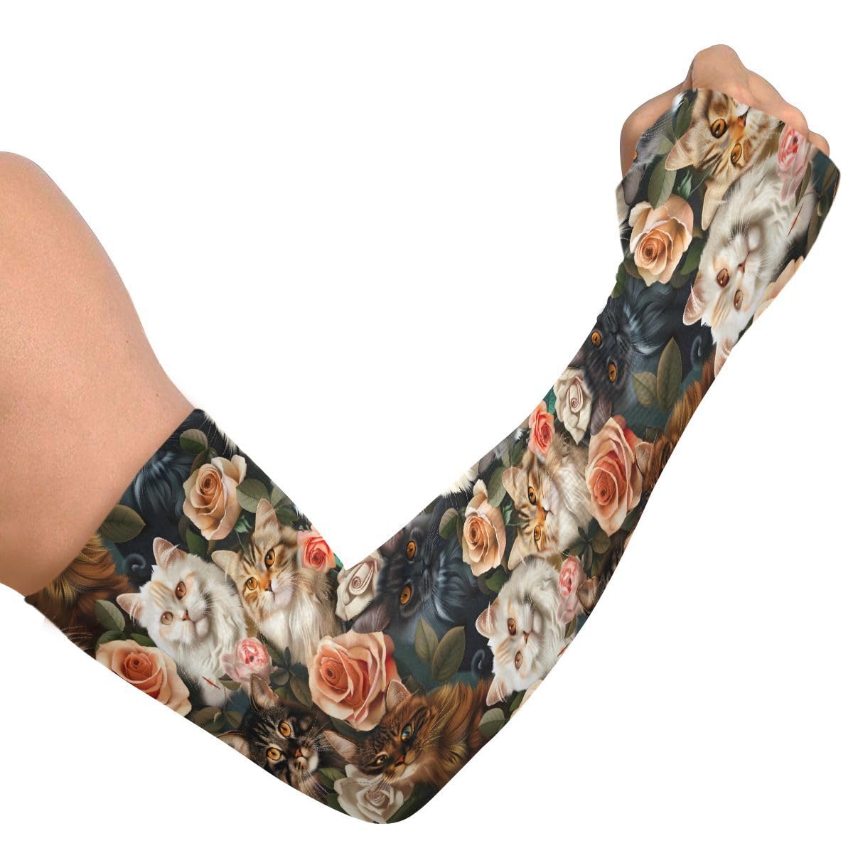 ALAZA Beautiful Cat Rose Gardening Sleeves Cooling Arm Sleeves Sun Protection Thumb Hole Arm Covers for Women Men