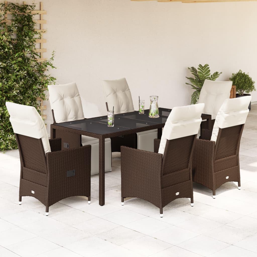 Set da giardino da 7 pezzi, con cuscini, in polyrattan, marrone
