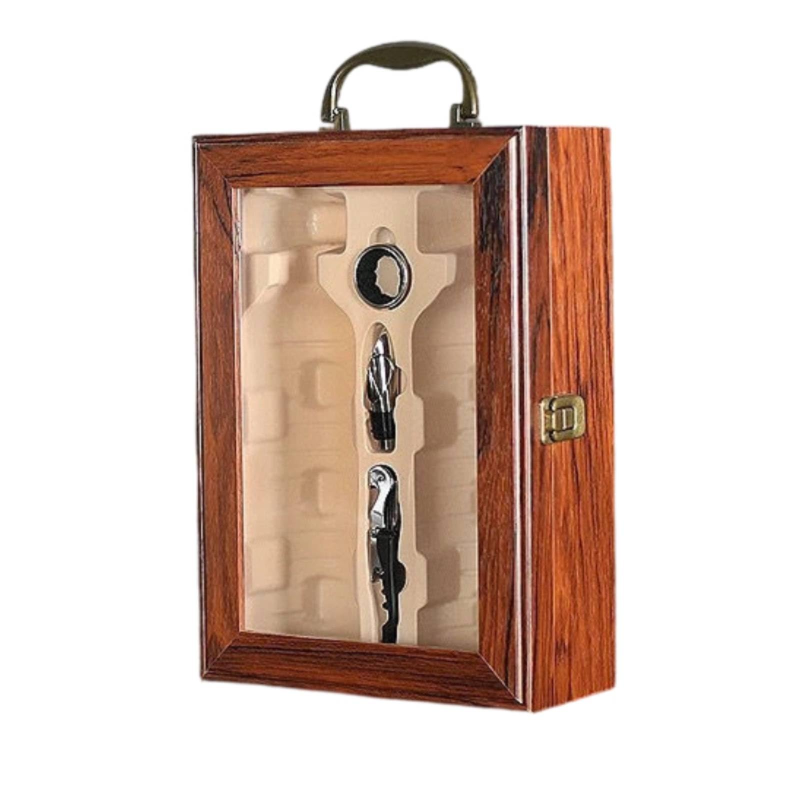 Coffret Vin Boîte Cadeau Deux Bouteilles Coffret Accessoires Présentation Élégante Fenêtre Transparente Bois avec Insert Moulu Fermeture Latérale, Marron, Boîte En Bois Avec Fenêtre Marron