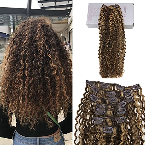 Curly Hair Extensions Human Hair Brown and Blonde Highlights Clip in Afro Kinkys Curly Natural Color for Women Full Head Set 7pcs/120g