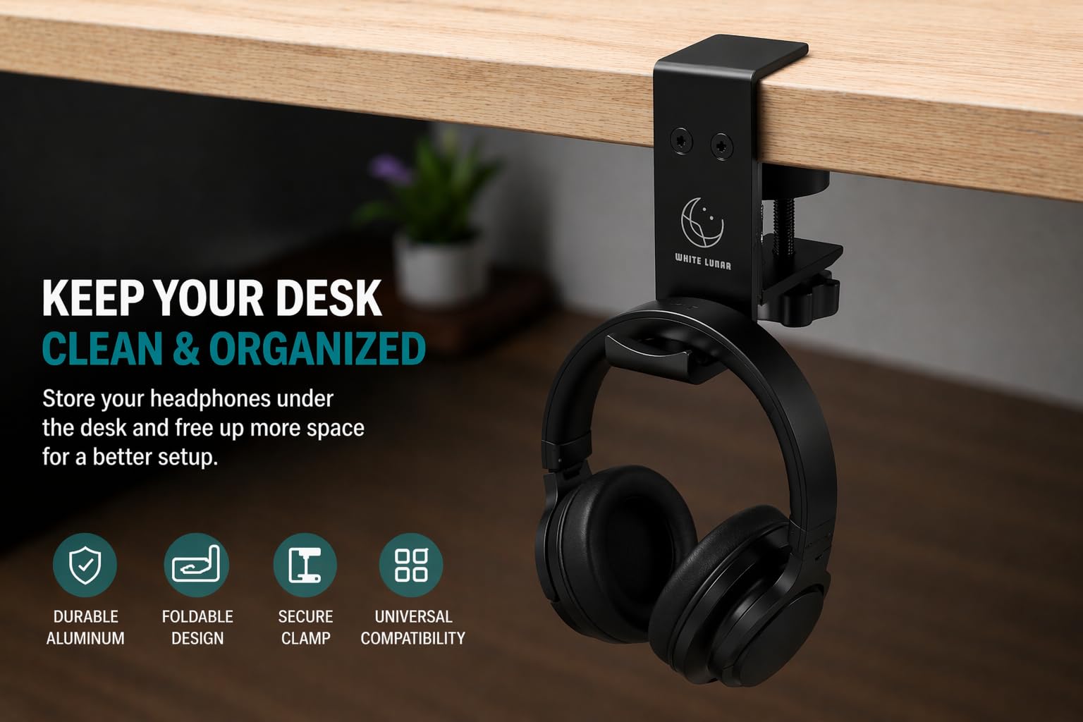 [Lunar blanco] Colgador plegable para auriculares, compatible con la mayoría de marcas de auriculares, Bose, Sony, Sennheiser, oficina en casa y trabajo, colgador de bolsos, regalo para nuevos