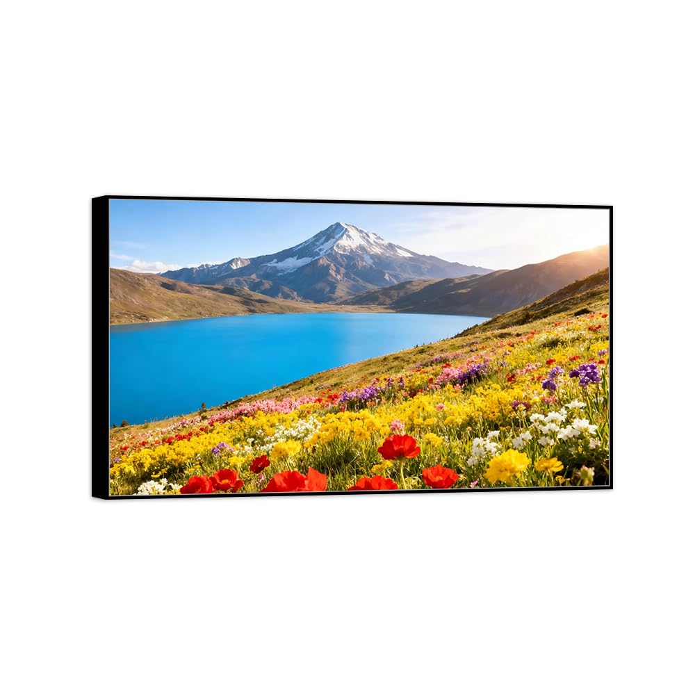 OZPWBVY Landscape Canvas Prints Flowers Lake Home Decor 40x70cm Black Frame