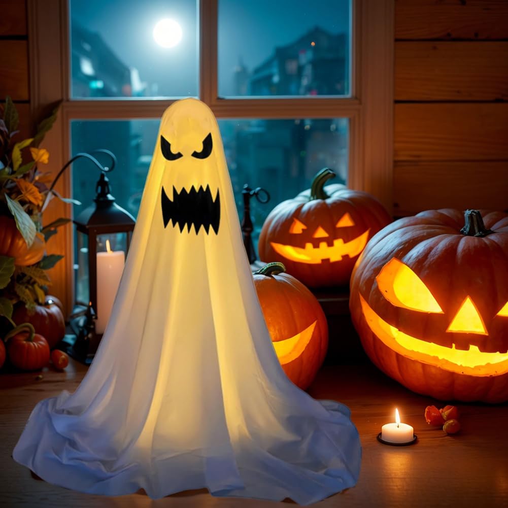 Usper White Halloween Ghost Light Up, Spooky Ghost Light Up Halloween Decorations Outdoor With String Lights Battery Operated, Light-Up Spooky Ghosts Scary Standing Decor For Front Yard (Style A, 33.5 Inch)