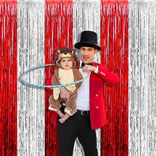 Image of 4 Pack 3.2Ft x 8.2Ft Silver Red Foil Fringe Curtain Backdrop, Metallic Tinsel Foil Fringe Streamers Curtains Background for Photo Booth, Wedding, Circus Welcome Carnival Birthday Party Decoration