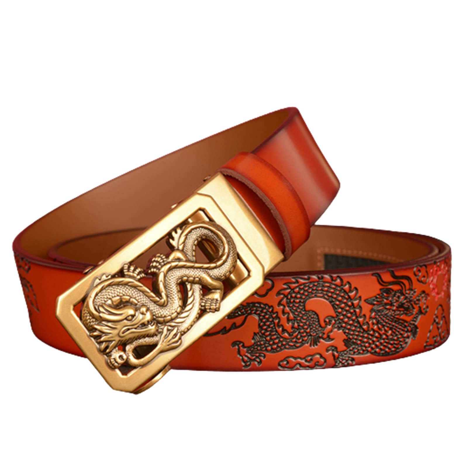 Cinturón De Trinquete para Los Hombres, 3,5 Cm De Ancho Cinturones De Cuero Genuino con Hebilla Automática Deslizante Grabado Hueco Dragón De Oro Décor Escultura(130cm/waist:45", Brown)