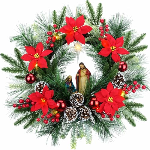 YULETIME-20-Pre-Lit-Nativity-Wreath-Battery-Operated-with-10-Fairy-Lights-Holy-Family-Nativity-Statue-Star-of-Bethlehem-Pine-Cones-Red-Poinsettia-Berries-Pine-Needles-Nativity-Poinsettia YULETIME 20 Pre Lit Nativity Wreath Battery Operated with 10 Fairy Lights Holy Family Nativity Statue Star of Bethlehem Pine Cones Red Poinsettia Berries Pine Needles Nativity Poinsettia