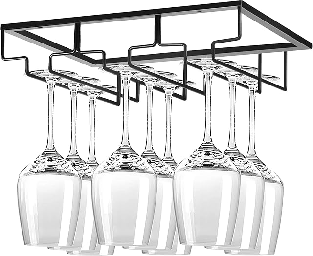 WEYHTF Wine Glass Holder Under Cabinet,Wine Stemware Holder,Wine Glass Rack,3 Rows Black Metal Wine Glasses Hanger,Wine Glass Holder Storage Under Shelf,Wine Glass Rack for Kitchen Bar