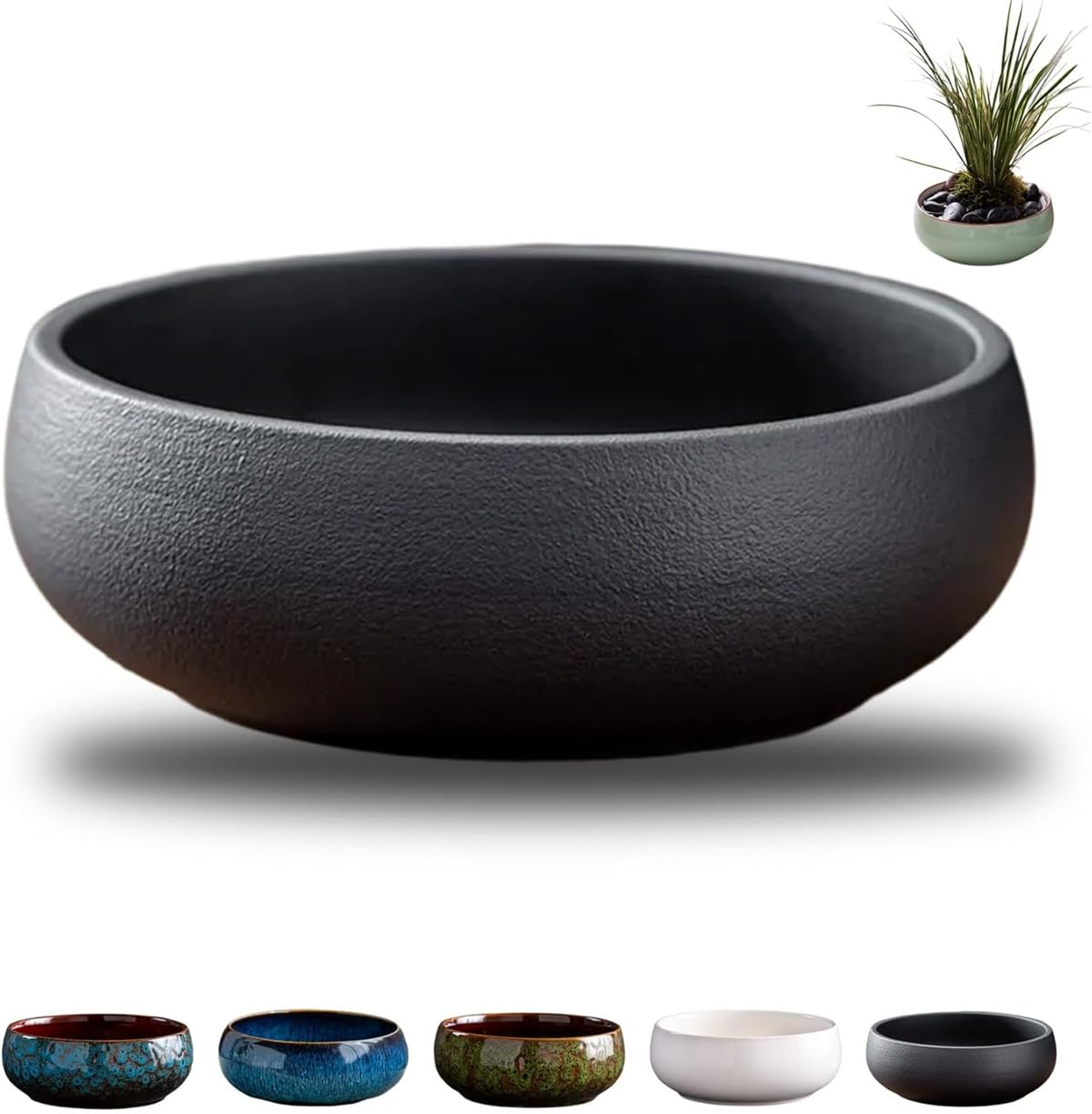 Lotus Bowl Planter,Ceramic Lotus Flower Bowl,Lotus Bowls for Planting in Water Indoors,Lotus Pots for Water Plants,Large Caliber Flow Glaze Non-Porous Hydroponic Container Succulent Plants (Black)