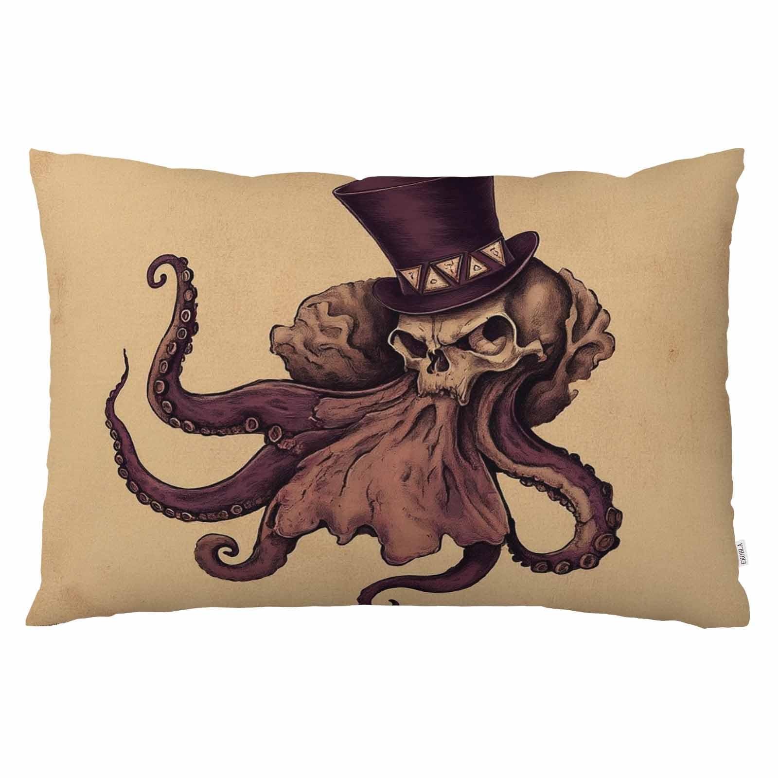 EKOBLA Throw Pillow Cover Gothic Octopus Vintage Artwork Funny Hat Nautical Animal Mediterranean Style Decor Lumbar Pillow Case Cushion for Sofa Couch