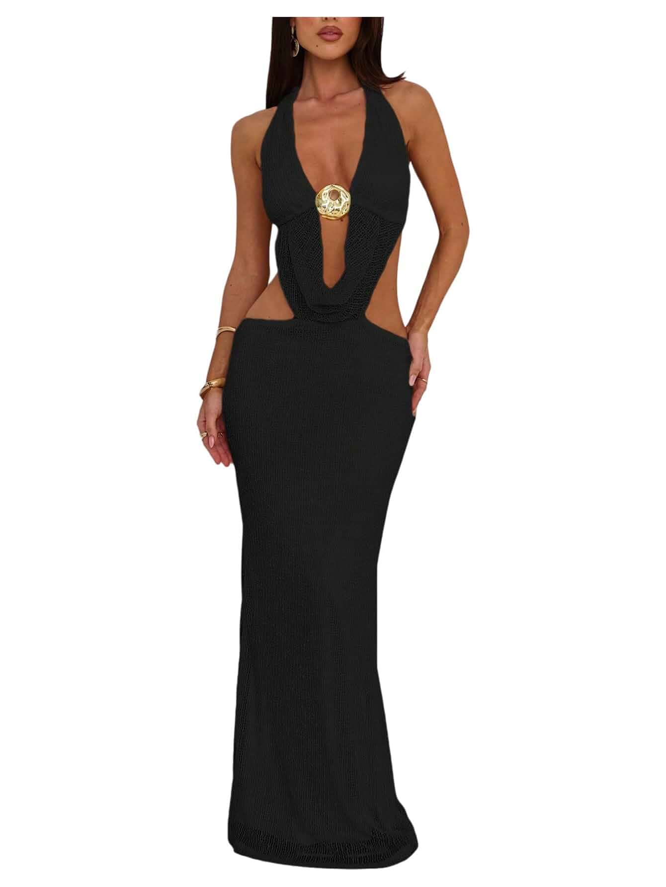Verdusa Women's Tie Backless Cut Out Halter Dresses Vacation Fishtail Maxi Dress Brunch Outfits