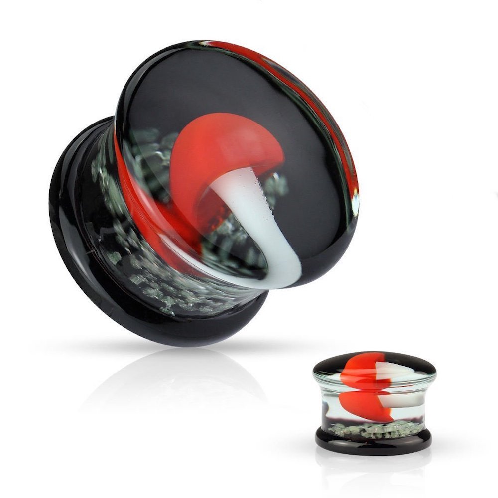 Covet Jewelry Pyrex Glass Double Flare Plugs Black Back with Red and White Mushroom on Glow in The Dark Sparkles