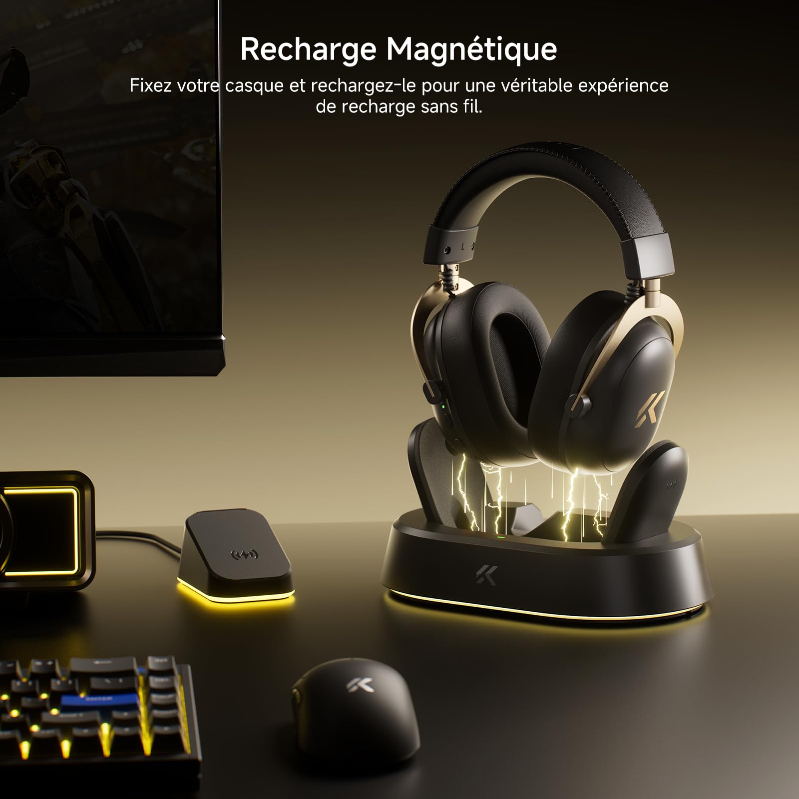 MCHOSE V9 Turbo+ Casque Gaming sans Fil, Noir-Or | Station de Charge Magnétique RGB, Son Surround 7.1, Haut-Parleurs 60 mm, 200h Autonomie, Micro Détachable