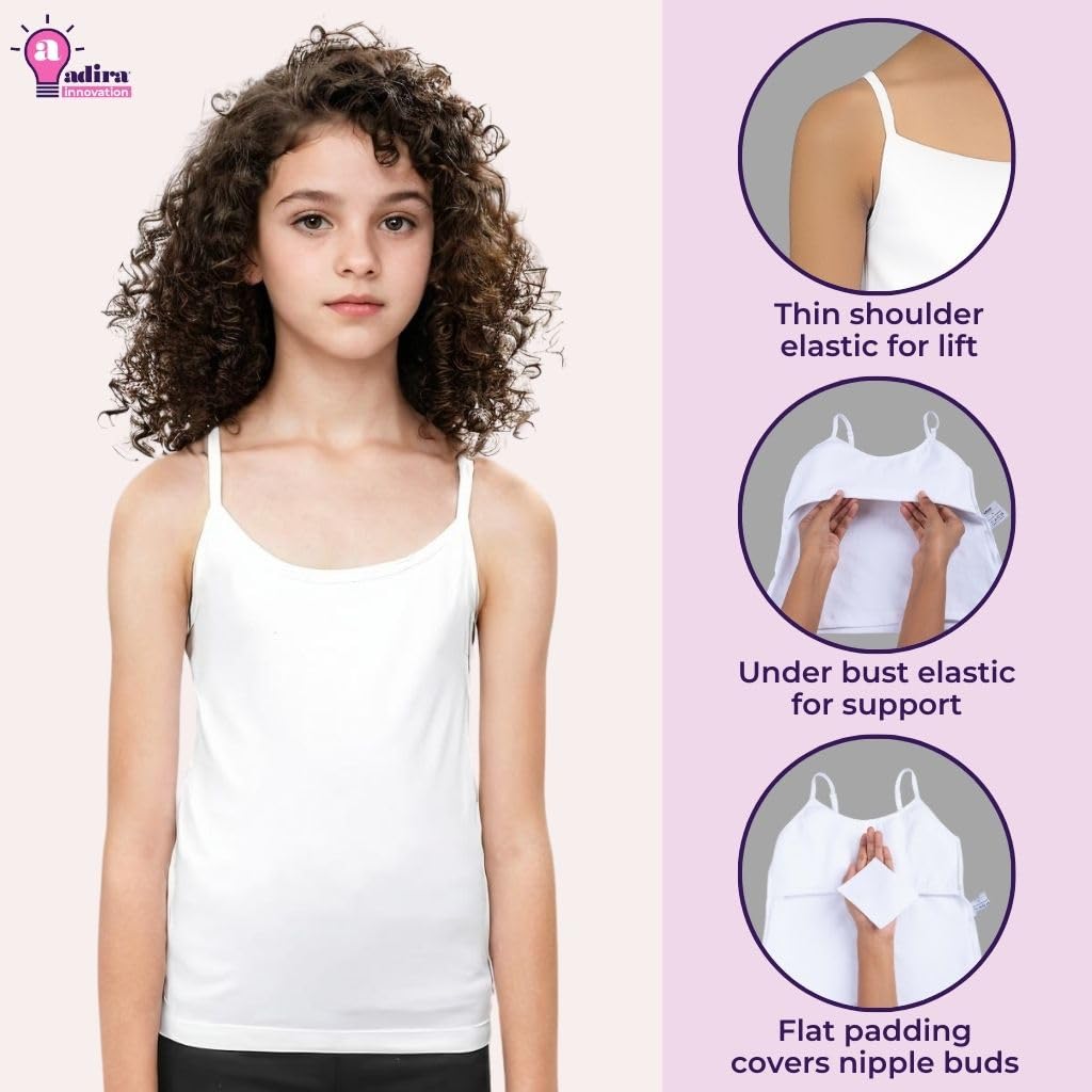 ADIRA | Spaghetti Camisole for Girls | Beginners Cami for Puberty | Flat Padding for Nipple Coverage | Confidence for School & Home | Stretchy Cotton | Girls Slip | Pack of 3 | White | XL