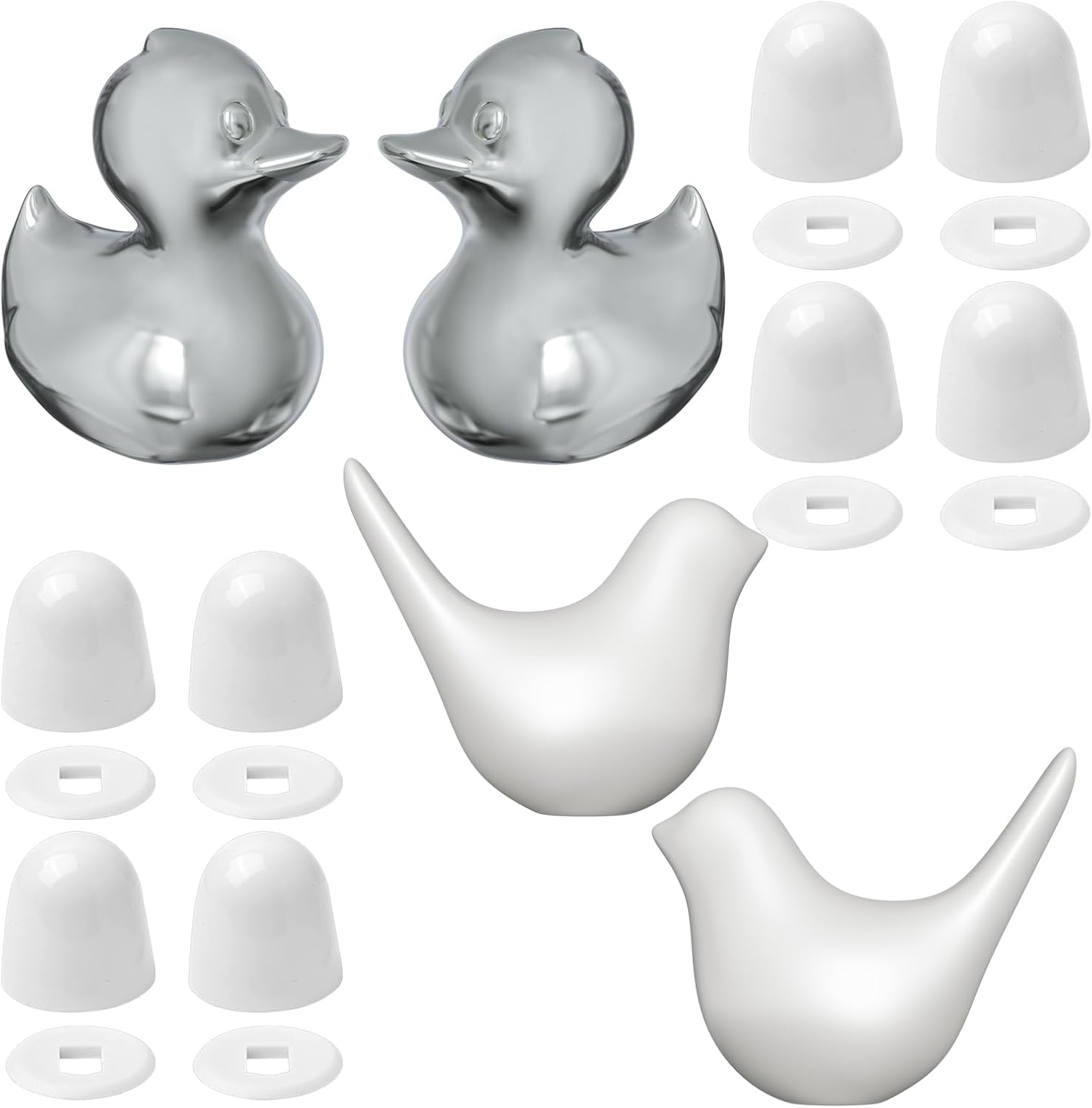 Toilet Bolt Covers Decorative- 2Pack Ceramic Silver Duck Caps and 2Pack Ceramic White Bird Caps, 8Pack Round Caps with Washers