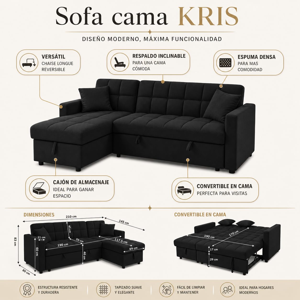 Sofá Cama Chaise Longue 3 Plazas Kris 210 x 145 cm, Cheslong Reversible con Arcón y Almacenamiento, Sistema de Arrastre, Tapizado Terciopelo Negro, Armazón Pino Macizo, Salón