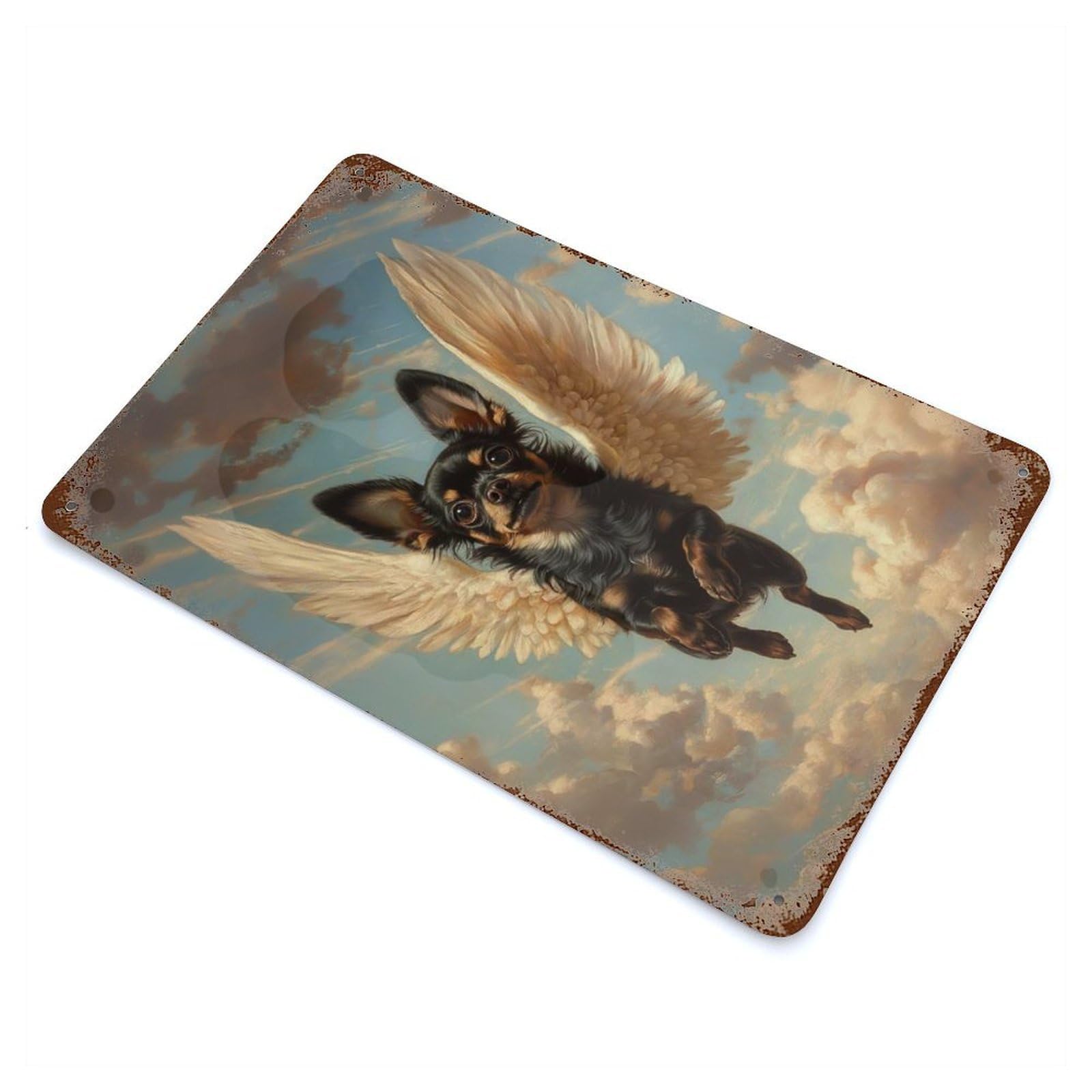 Weathered Tin Sign with Black Chihuahua with Angel Wings Remembrance Art Design 11.8"x7.9", for Basement, Hobby Room And Garage Decor, Industrial Home Decor
