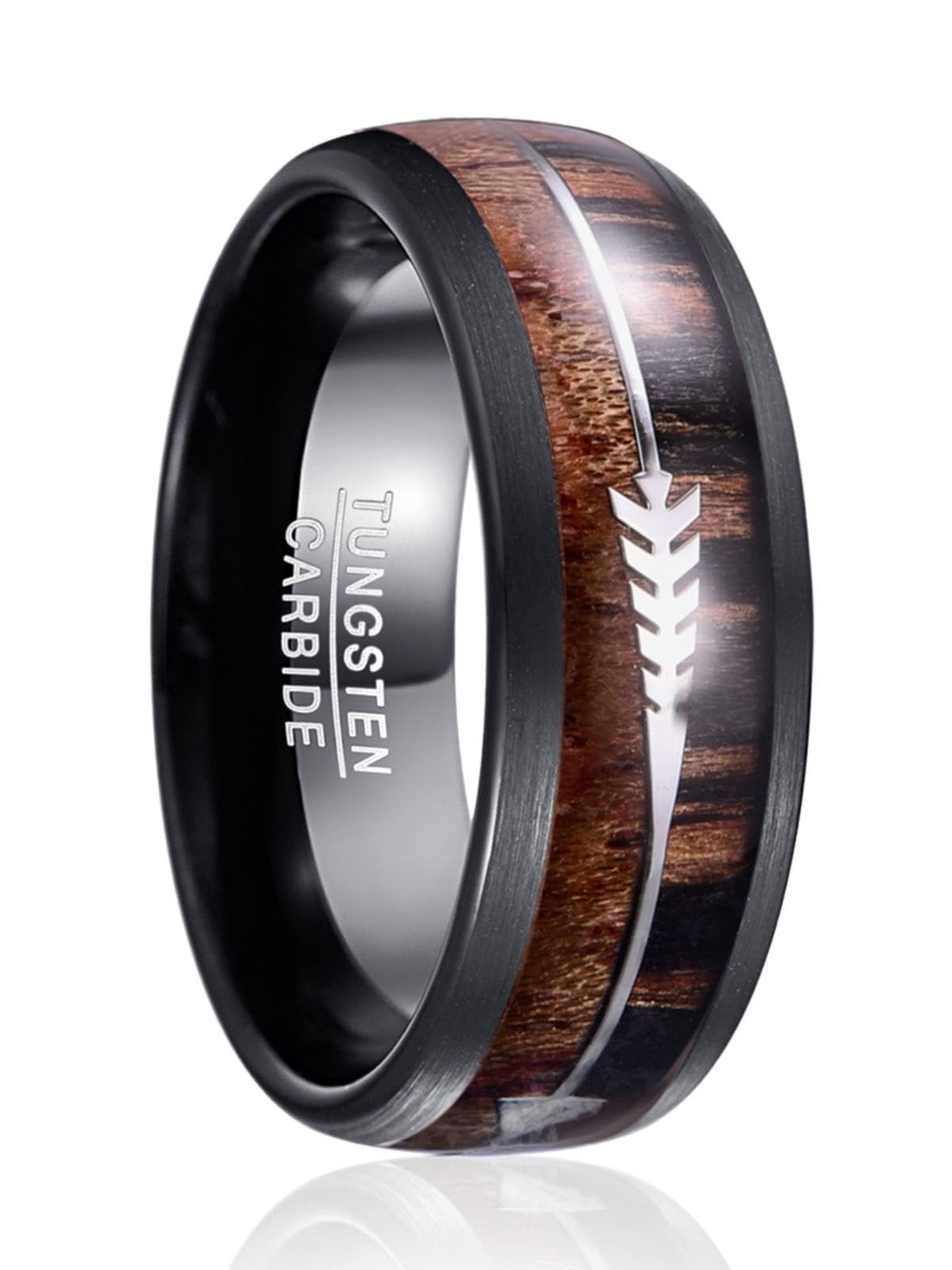8mm Domed Tungsten Carbide Silver Arrow Promise Ring for Him Koa Wood Engagement Band Size Z+1