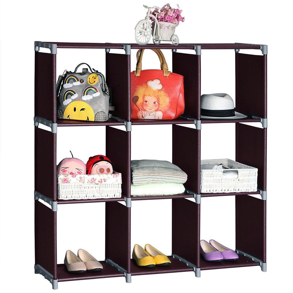 Henf Multifunctional Assembled 3 Tier 9 Compartment Storage Cube Closet System Organizer Shelf 9 Cubes Bookcase Clothes Storage Home Furniture Brown (3 Tier 9 Compartment)