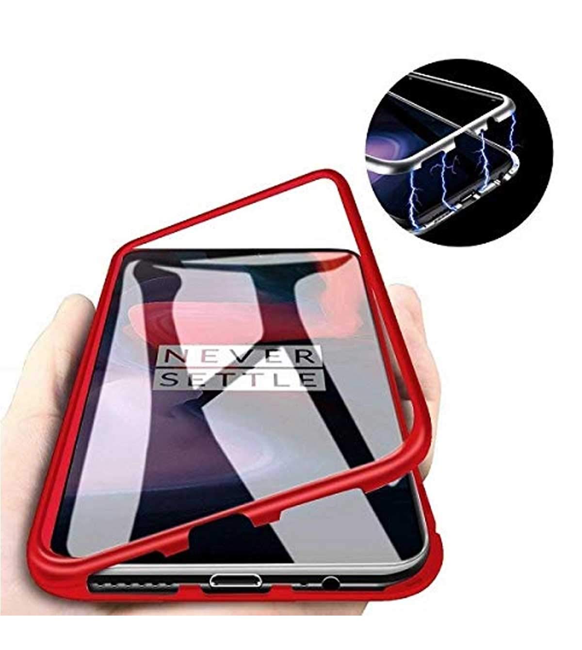 Ultra Slim Magnetic Back Case Back Cover with Metal Frame & Glass Back Compatible with OnePlus 6T -Red discount deal