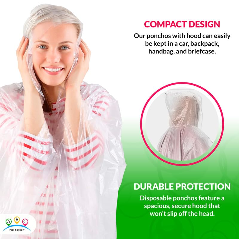 Image of ABC PACK & SUPPLY Disposable Rain Ponchos for Adults, Clear Hooded Rain Poncho, One Size, Polyethylene 0.02mm, Individually Wrapped, Bulk Pack of 200