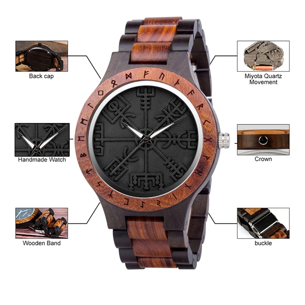 Relojes De Madera Vegvisir, Hombres Vikingos Joyería, Mito Nórdico Vintage Runas Círculo, Brújula Reloj de Madera, Hecho a Mano Grabado Caja de Madera de Regalo