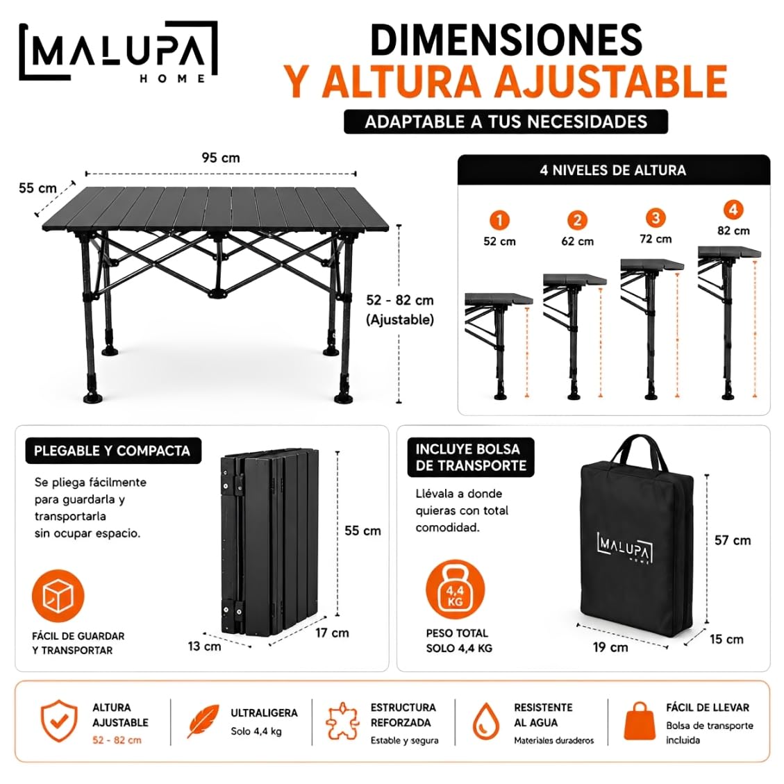Mesa Plegable Camping, Mesa Auxiliar de 95x55 cm