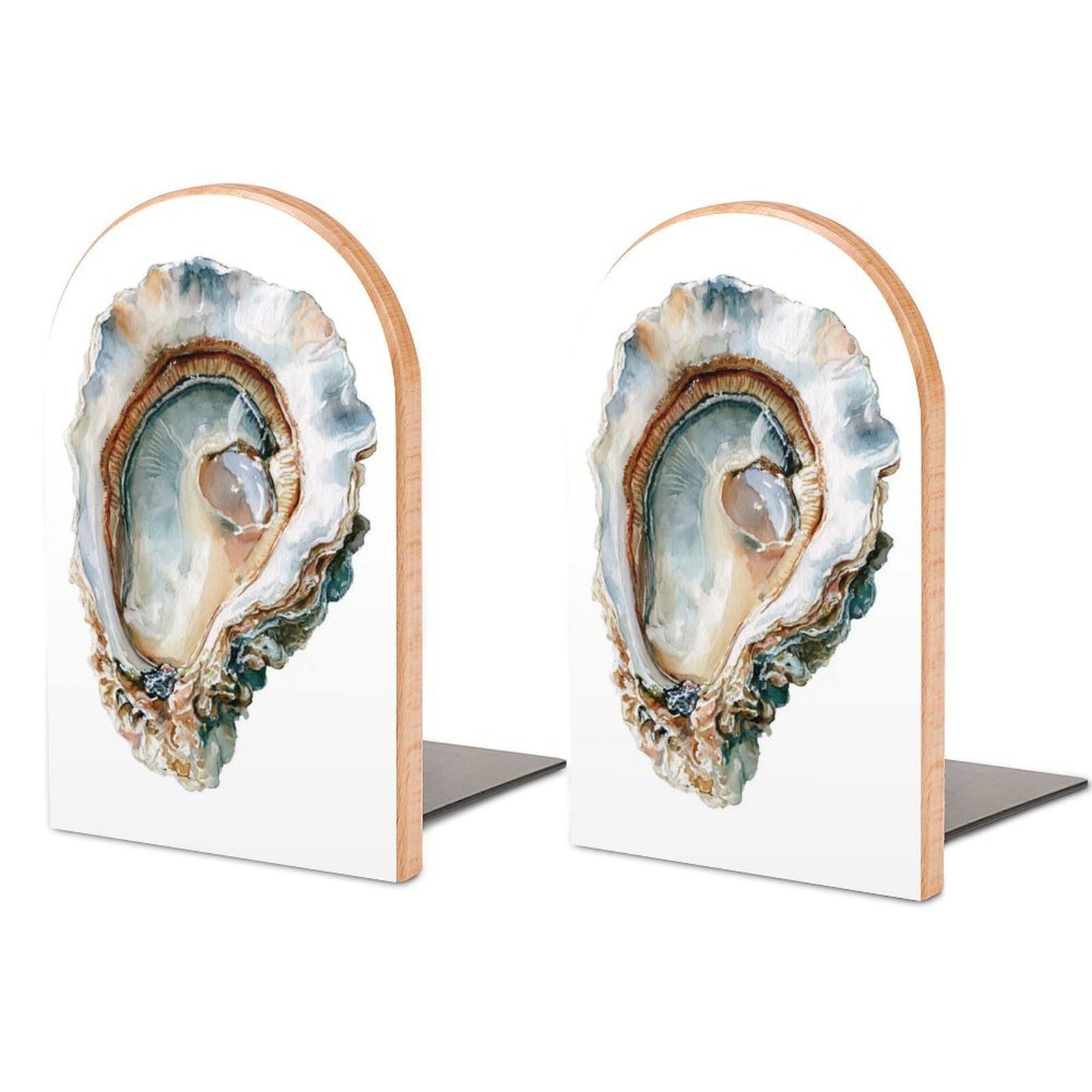 Watercolor Oyster Wooden Bookends Shelves 2 PCS Sturdy Book Holders Desktop Organizer for Home Office Libraries