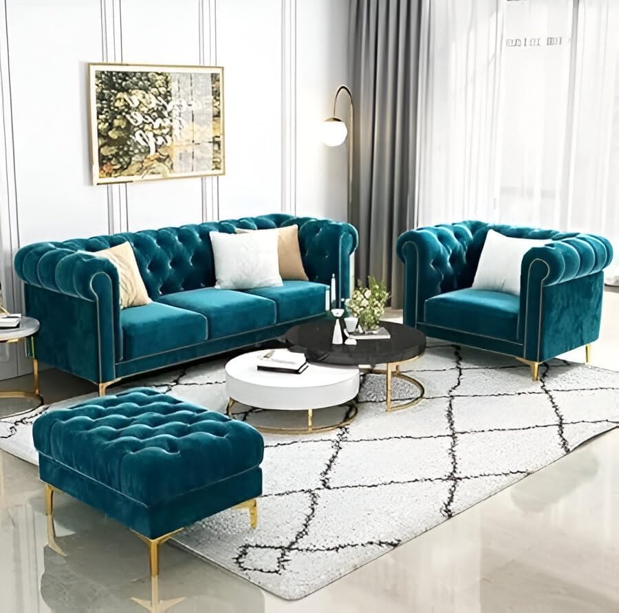 Image of Chesterfield Velvet Upholstery 3-Seater with Armchair and Footrest, Design in 3+1+Footrest Sofa for Living Room, Bedroom, Hallways (Teal)