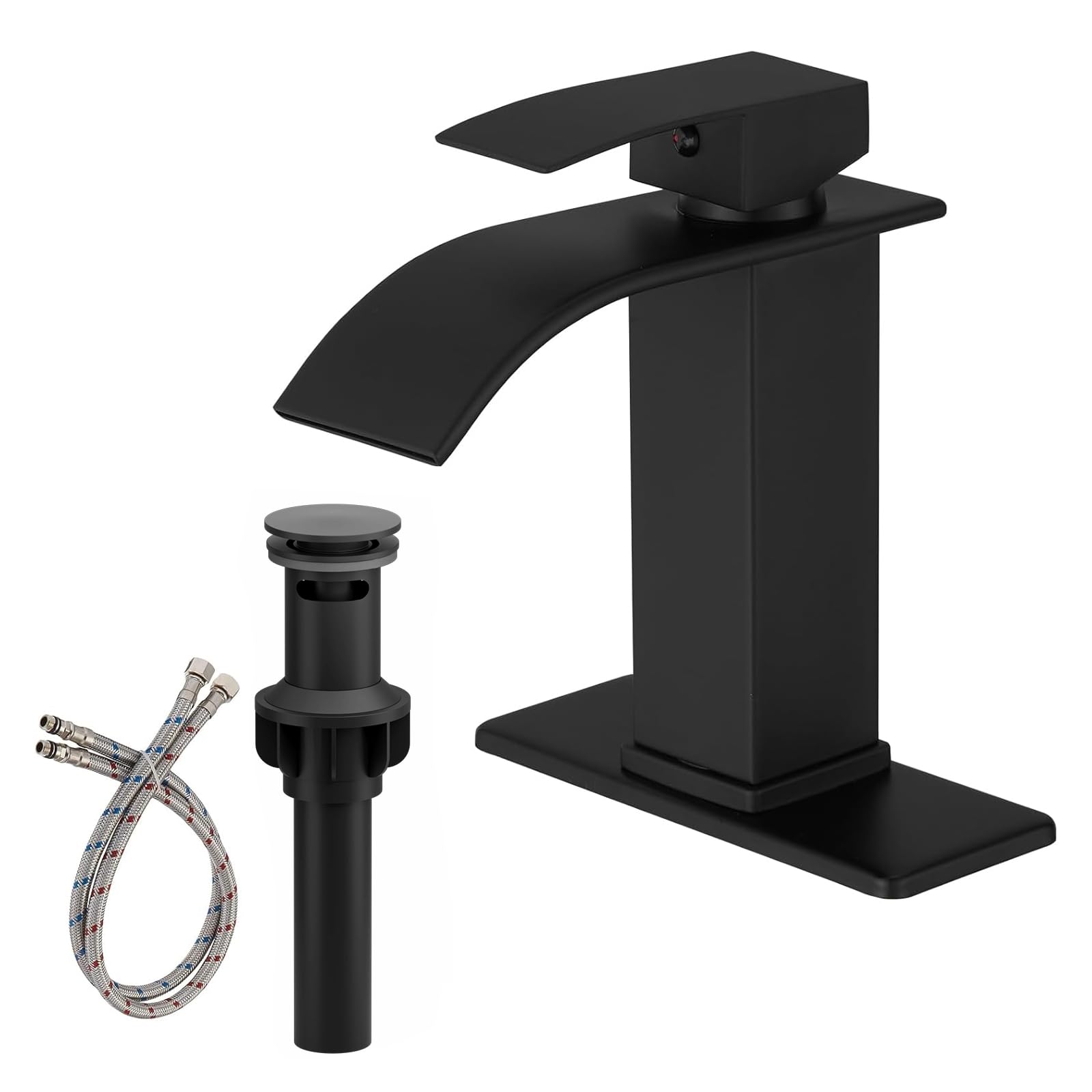 Sxithgkdw Matte Black Bathroom Faucet, Waterfall Faucet With Pop-Up Drain And Water Lines For Vanity Sink, Stainless Steel Construction