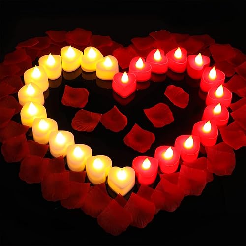 Honoson 1000 pétalos de rosa artificiales con 24 velas LED en forma de corazón sin llama, velas románticas para decoración de mesa de aniversario de