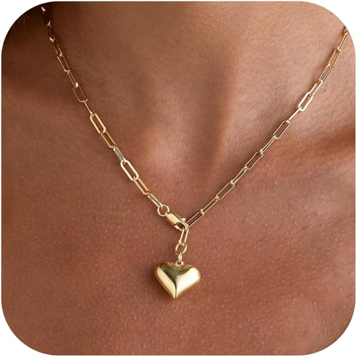 Chunky Gold Necklace, 14K Gold Plated Chunky Cross Necklace for Women Statement Pearl Heart Necklace Charm Gold Necklaces for Women Trenndy Fashion non Tarnish Gold Jewelry for Womens