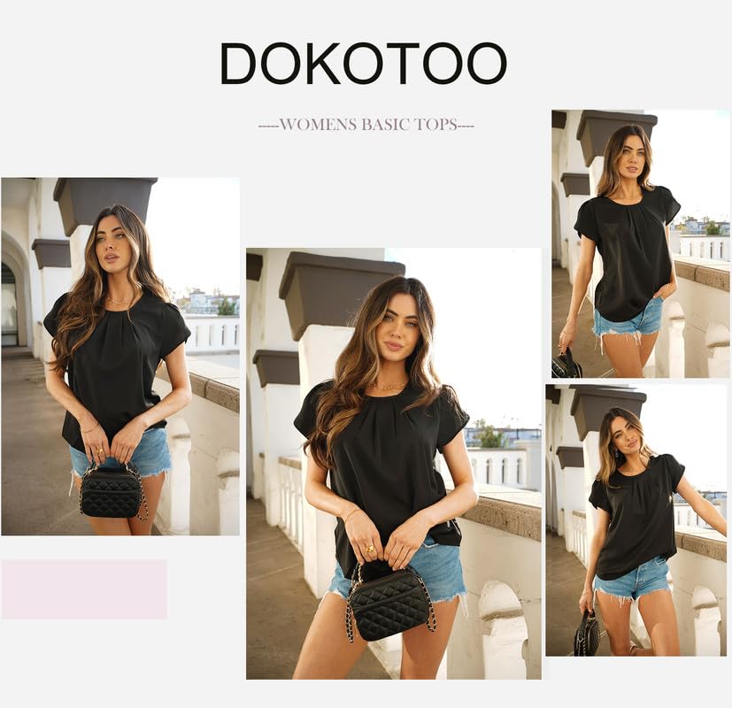 Dokotoo Women's Casual Round Neck Basic Pleated Tops Short Sleeve Loose Fit Curved Keyhole Back Chiffon Blouses Tshirts