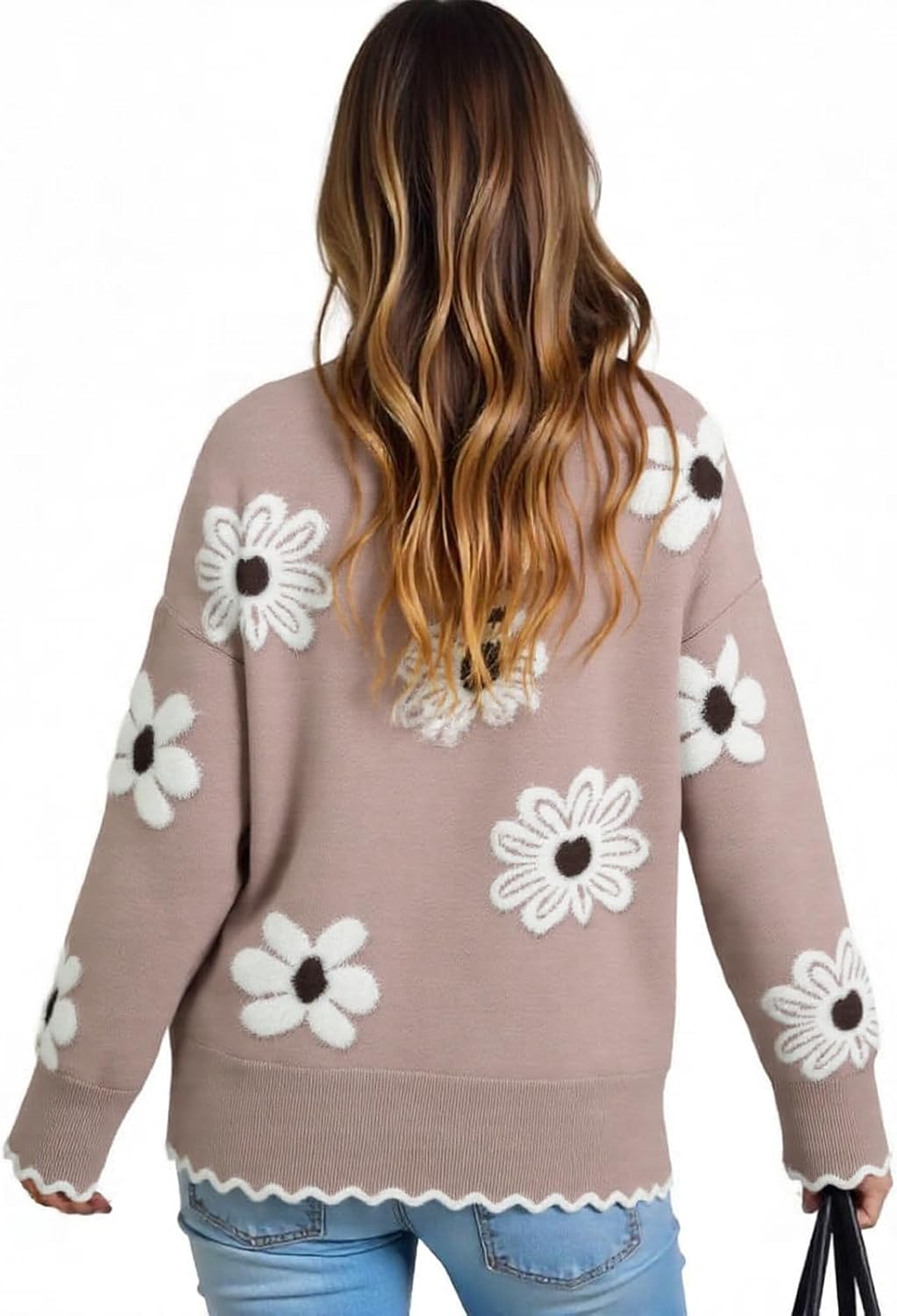 Cute Fall Flower Sweaters for Women, Casual Long Sleeve Pullover V Neck Lightweight Crochet Chunky Knit Pullover Jumper Tops - Image 5