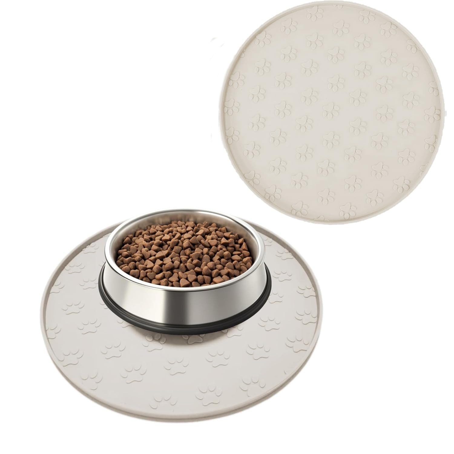 Silicone Pet Feeding Mat, Non-Slip Dog Bowl Mat, Cat Food Mat, Waterproof Tray (2Pack Beige, 28x28 CM)