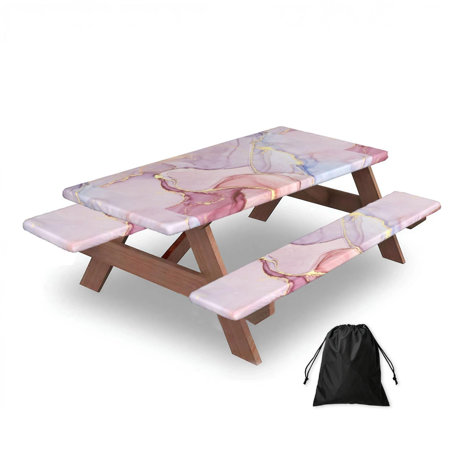 Dopklna As Picture Pink Marble, Picnic Table Cover With Bench Covers -Waterproof Elastic Fitted Tablecloth For Garden Camping Patio 76X152cm