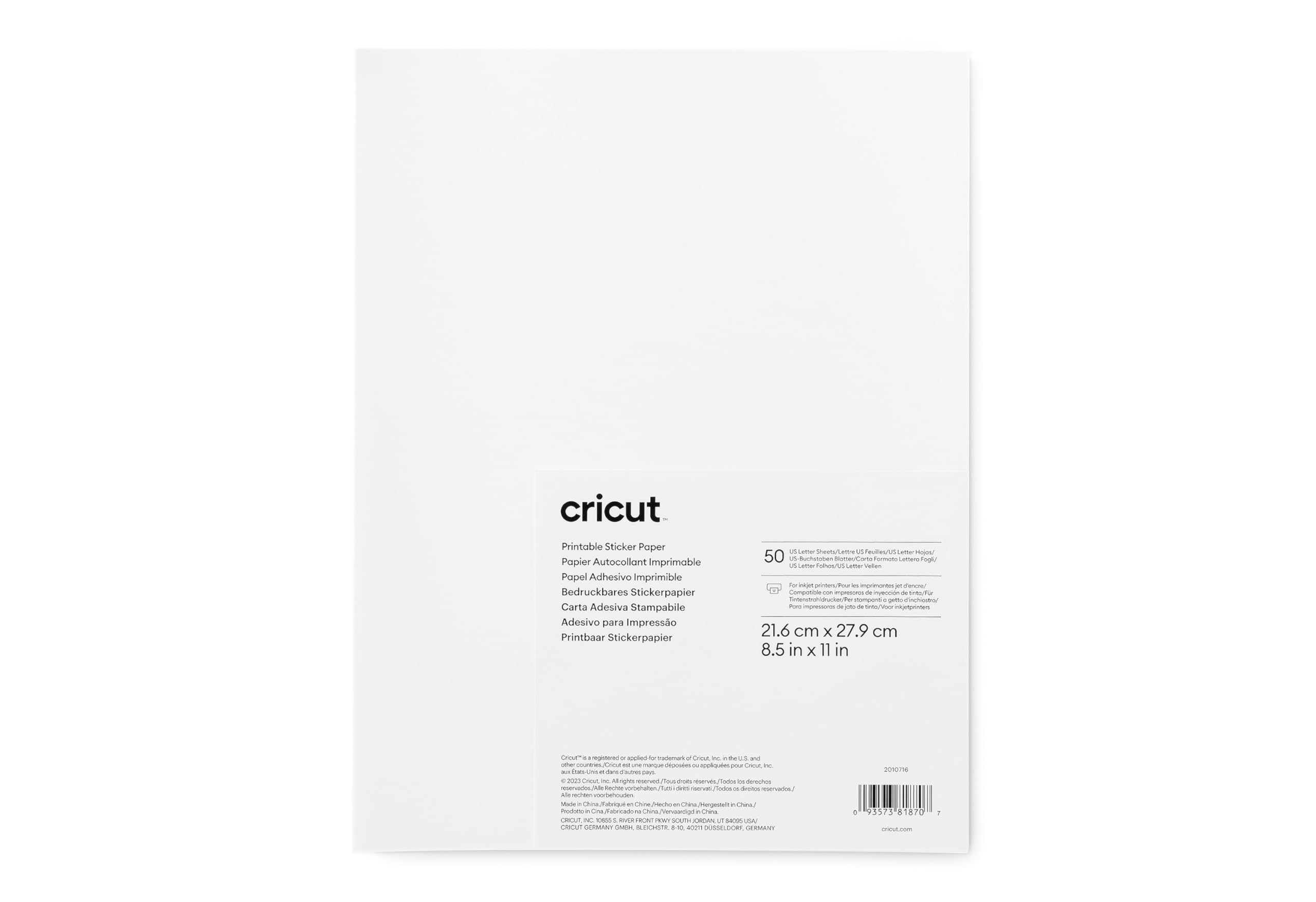 Cricut Lot de 50 feuilles de papier autocollant imprimable (21,6 x 27,9 cm)
