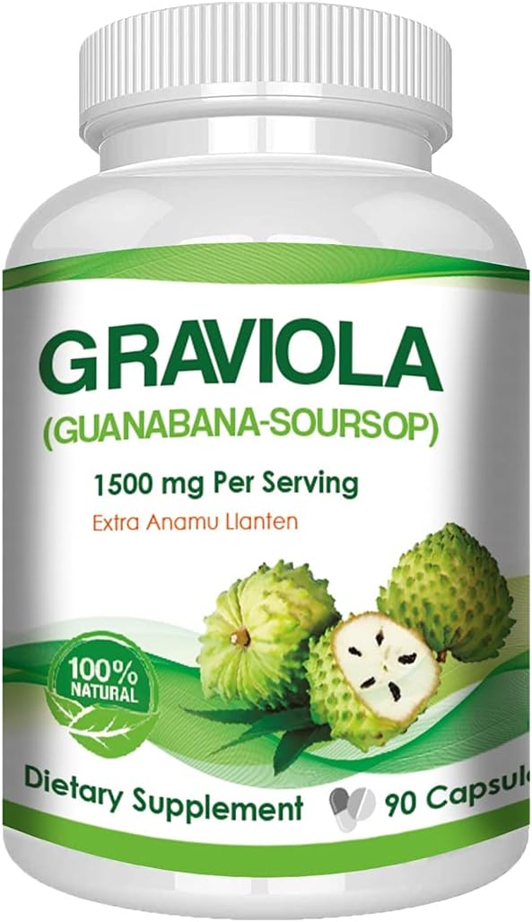 Graviola 1500 mg Serving Size 90 Capsules One Bottle (extracto seco de fruto de graviola Guanabana tiene propiedades antibacterianas y antiparasitarias. Actúa Como astringente, Febrífugo, sedativo