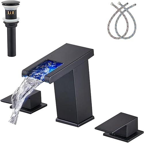 Miniatura 1 de LOOPAN Grifo de baño con luz LED, cascada, un solo mango, grifo negro para fregadero de baño, grifo de tocador sin plomo con mangueras para