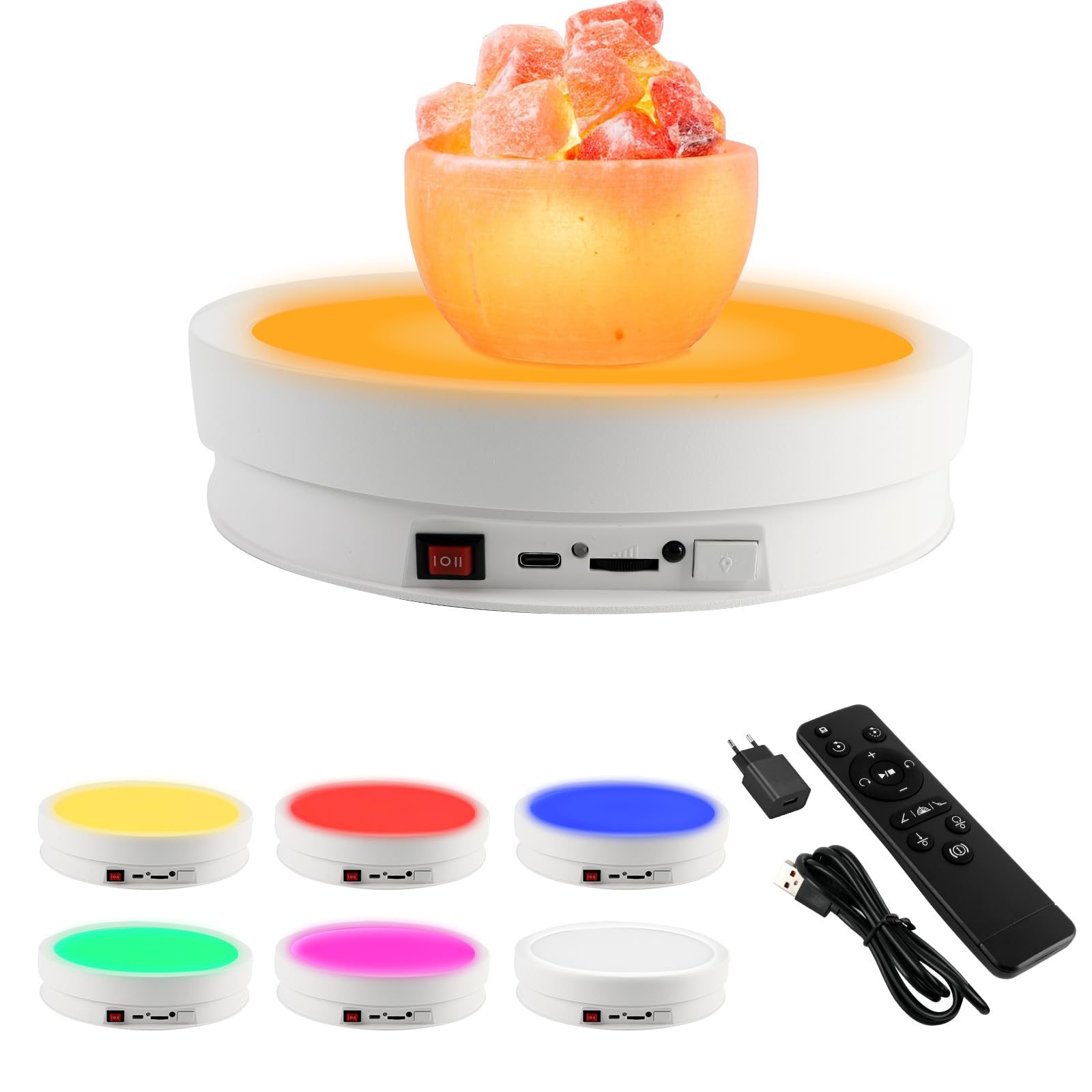 Plateau tournant électrique à 360° pour photographie, plateau tournant électrique avec télécommande et lumière LED 6 couleurs, charge de 20 kg, plateau tournant pour photo en verre et cristal (blanc)