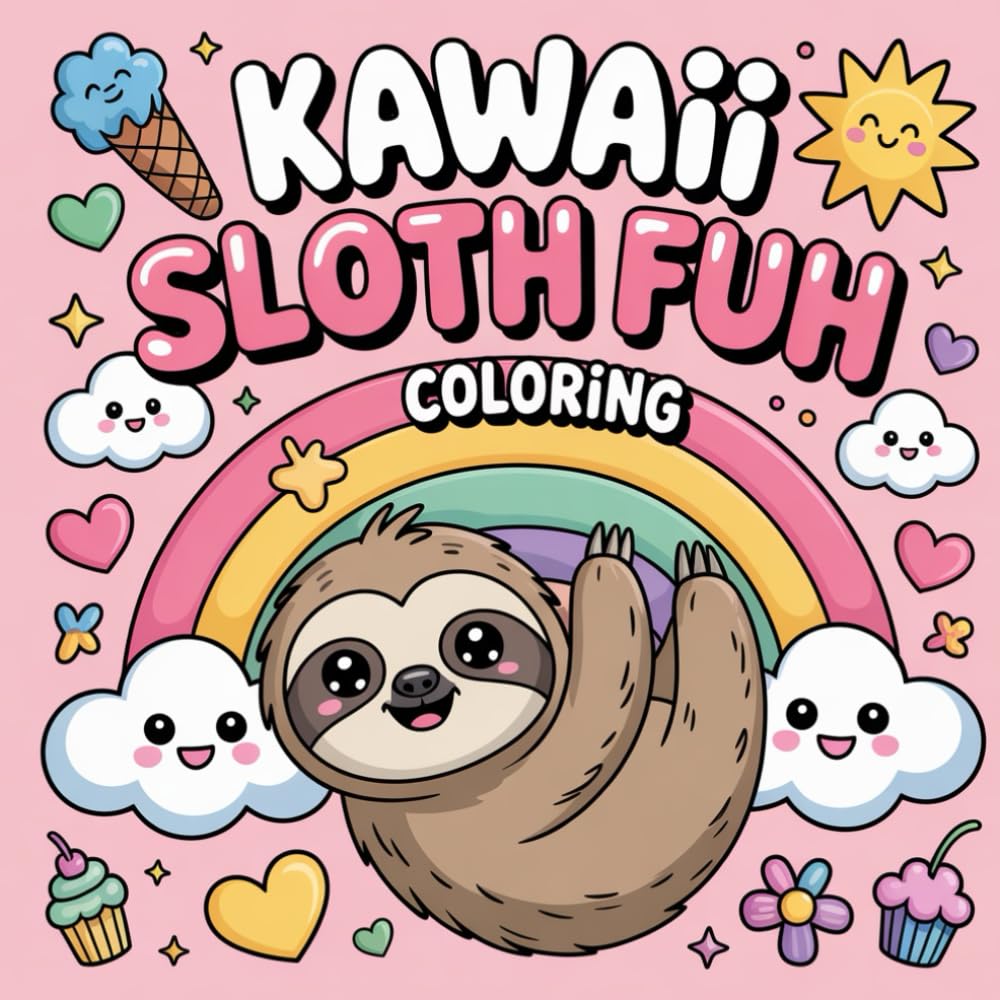 Kawaii Sloth Fun Coloring: Cute kawaii sloth coloring book, stress-relief coloring book, fun animal coloring book, sloth-themed coloring pages, easy ... for kids, kawaii animals coloring book