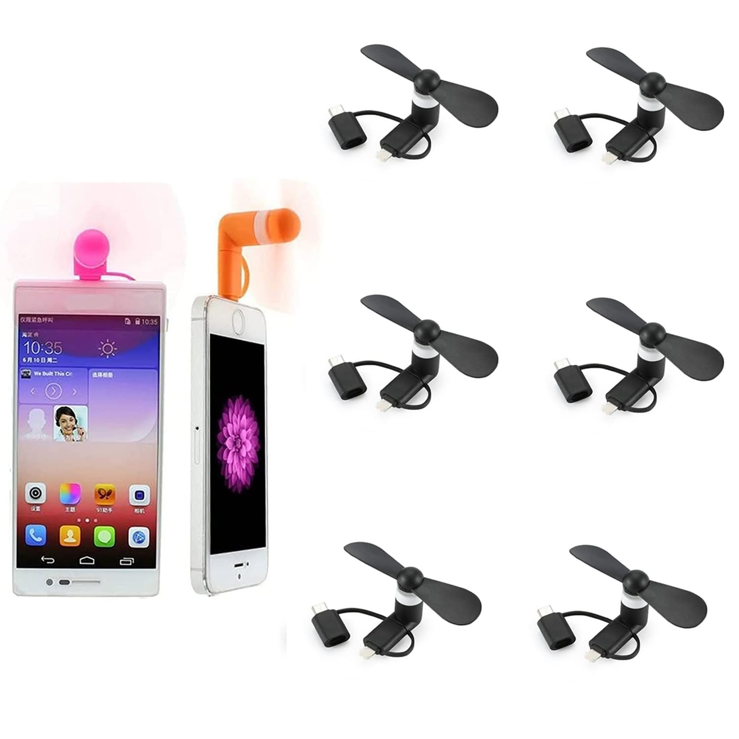 Goodern 6 PCS Mini Cell Phone Fan Set,Portable 3-in-1 USB iPhone/Android/iPad Fans Smart Summer Small Fans Lightweight Outdoor Cooler Mobile Phone Fan Personal Mini USB Fan Travel Pocket Fan-Black