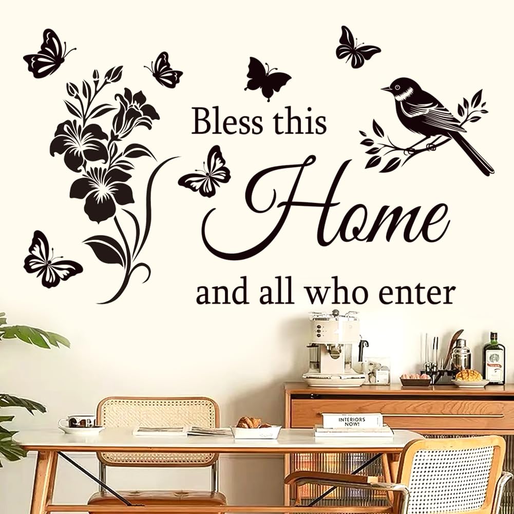 Pegatinas de pared inspiradoras para la familia, con cita en inglés "Bless This Home and All Who Enter Words", calcomanías de vinilo para decoración de pared, citas motivacionales para dormitorio.