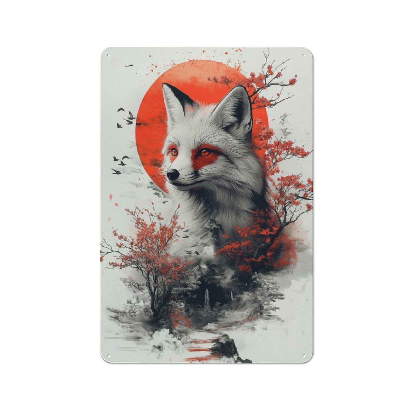 Junmoney Style-20 Fox And Red Moon Digital Art Vintage Tin Sign 30X20cm, Rustic Bistro Wall Plaque For Coffee Bar, Kitchen, Bistro Or Tea Corner