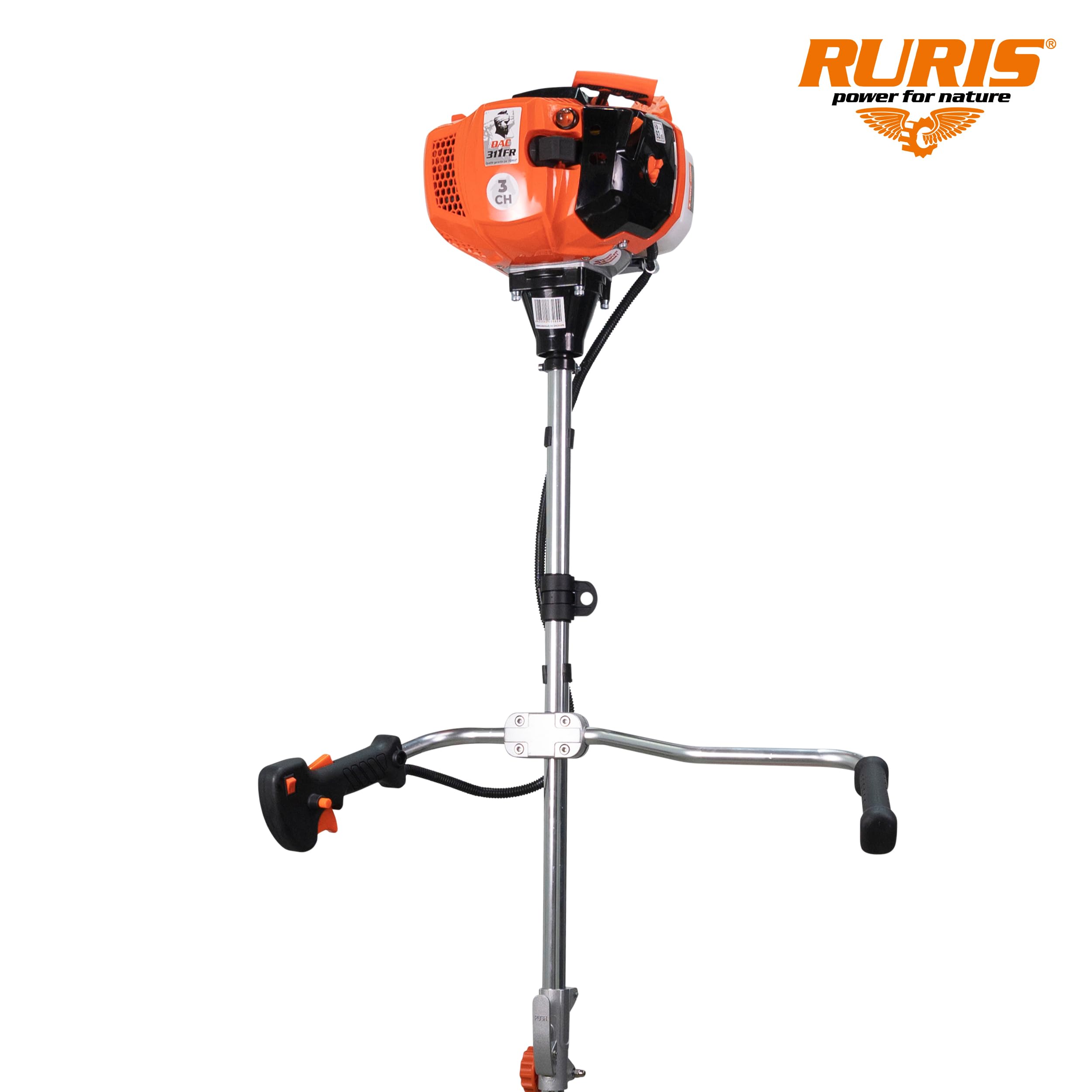 RURIS Termiczna kosiarka spalinowa DAC 311fr TEZ 52 cm³, 3 KM, 2-suwowa, szerokość 250 mm, zestaw w zestawie z uprzężą, 2 x tarczą, głowicą i drutem tnącym - do ogrodu i krawędzi