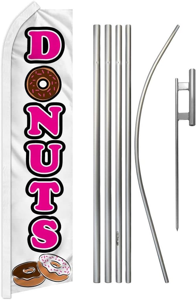 NEOPlex - "Donuts" Complete Flag Kit - Includes 12' Swooper Feather Business Flag With 15-foot Anodized Aluminum Flagpole AND Ground Spike