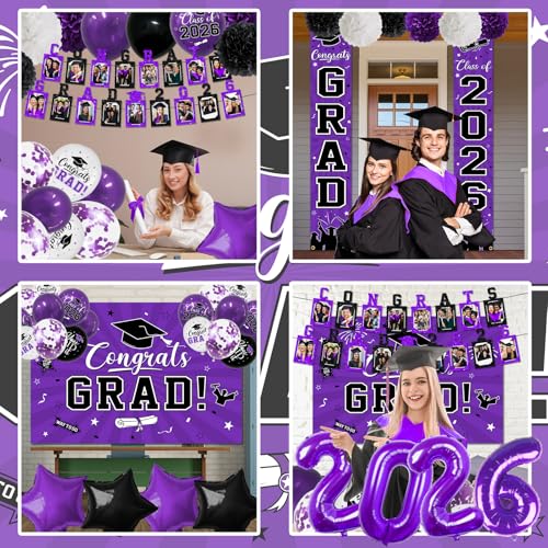 Image of 2026 Graduation Decorations, Purple Themed Class of 2026 Decorations Set, Congrats Grad Backdrop, Photo Banner, Door Banner, Balloons and Pom Poms Supplies for High School College Graduation Party