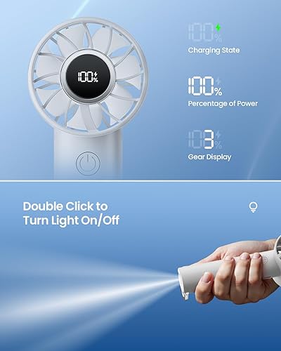 Miniatura 6 de Gaiatop Mini ventilador portátil, ventiladores de mano de 3 velocidades con linterna de visualización de energía, batería recargable USB,