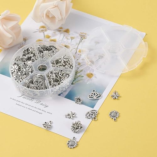 Miniatura 4 de Pandahall - 1 caja / 135 colgantes de flores de aleación estilo tibetano mezclados 6 estilos de dijes de flores de plata antigua para hacer joyas,